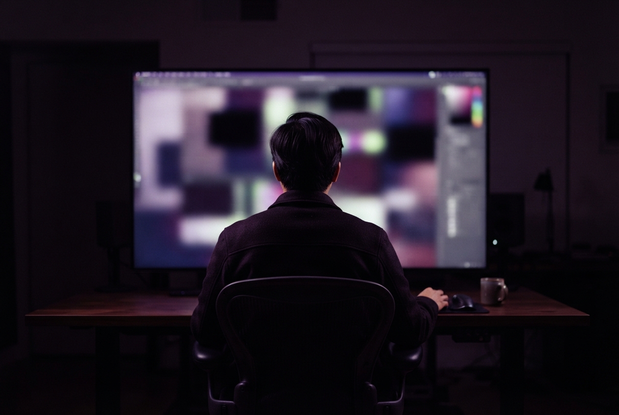 Person seated at a desk faces a large blurred, colorful monitor in a dim room.
