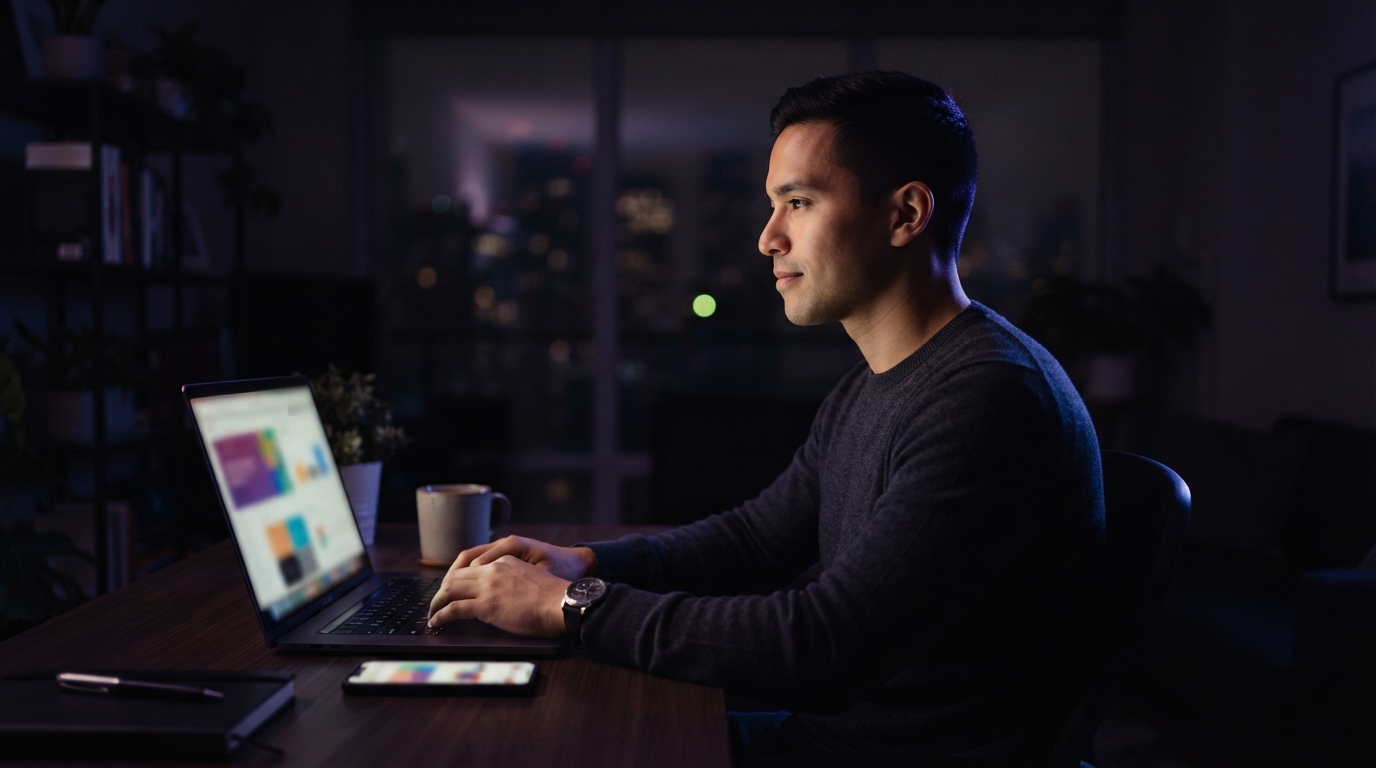 Man working at a laptop and smartphone at a desk in a dim room overlooking blurred city lights.