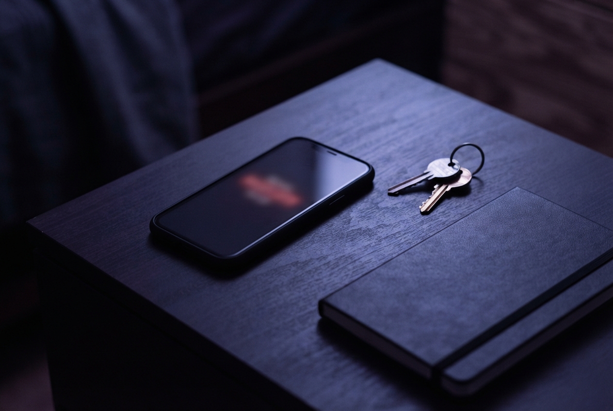 Smartphone, keys, and a closed dark notebook on a blue-lit wooden table.