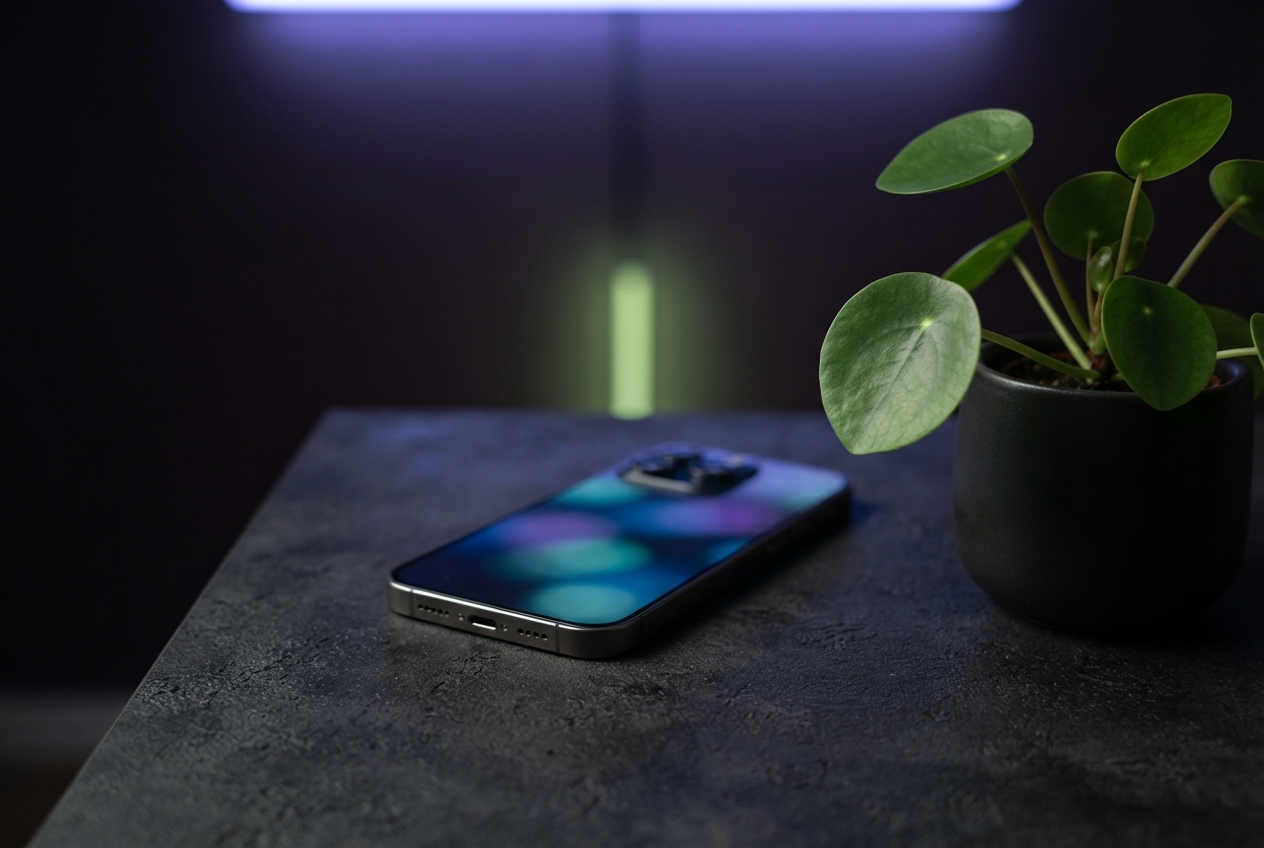 Smartphone with a colorful screen beside a leafy potted plant on a dark textured table.