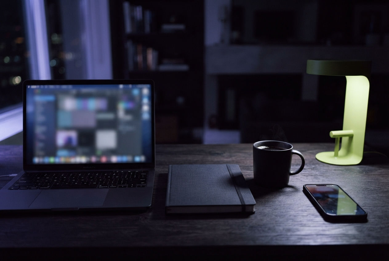 Dim workspace with an open laptop, closed notebook, steaming mug, smartphone, and green desk lamp.