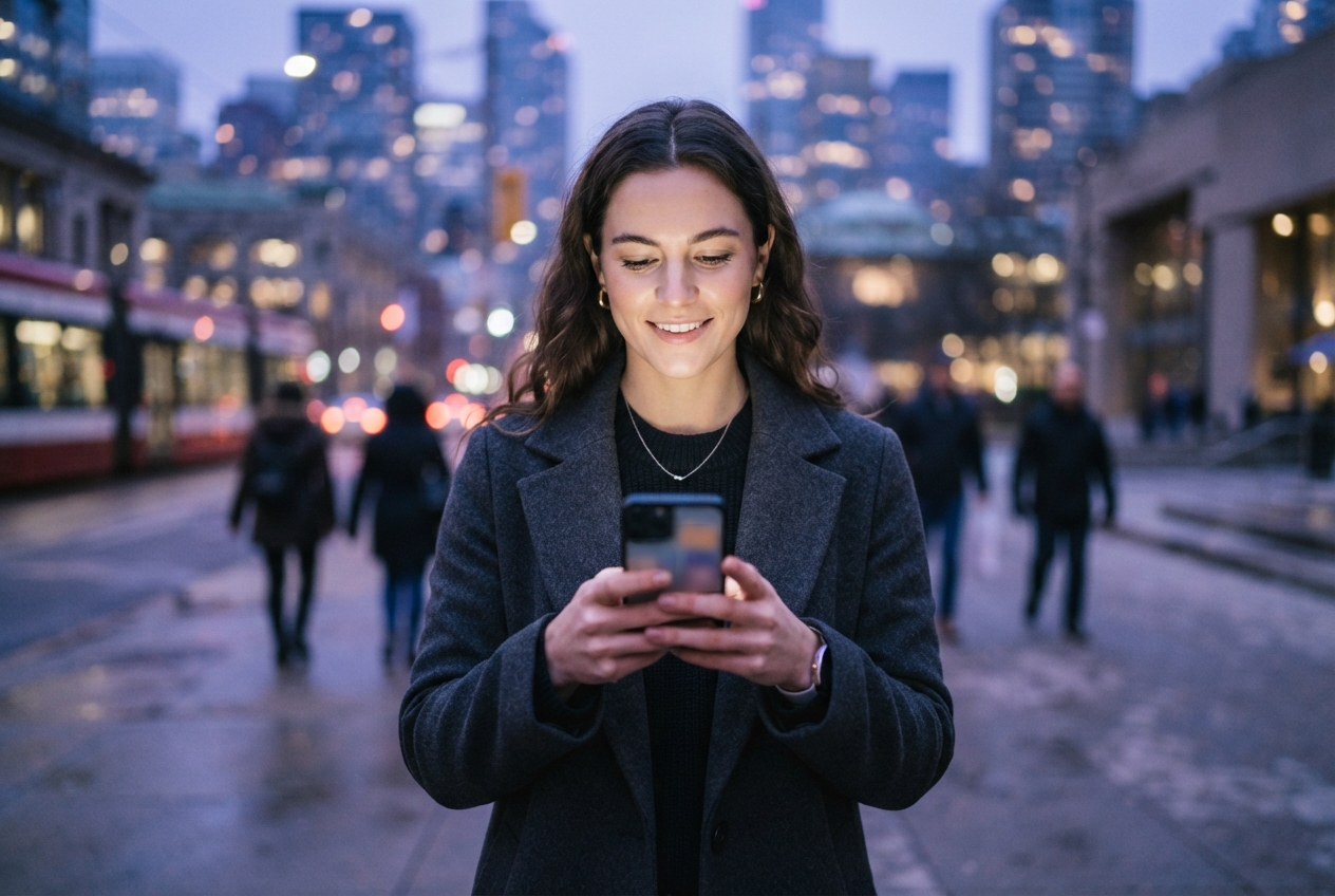 Woman in a dark coat smiling at her smartphone on a blurred city street at dusk.