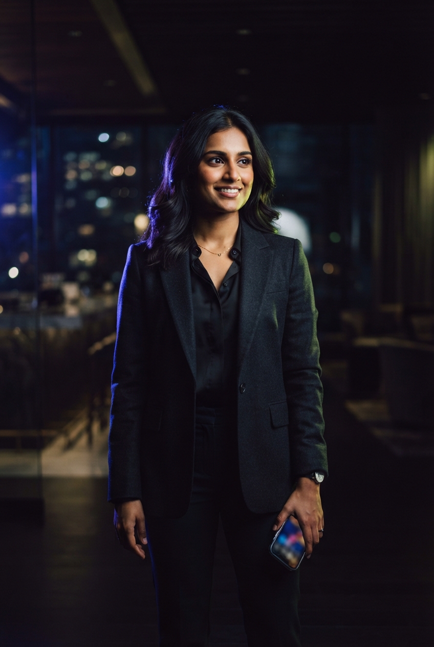 Smiling woman in a dark suit holding a smartphone in a dim interior with blurred city lights behind her.